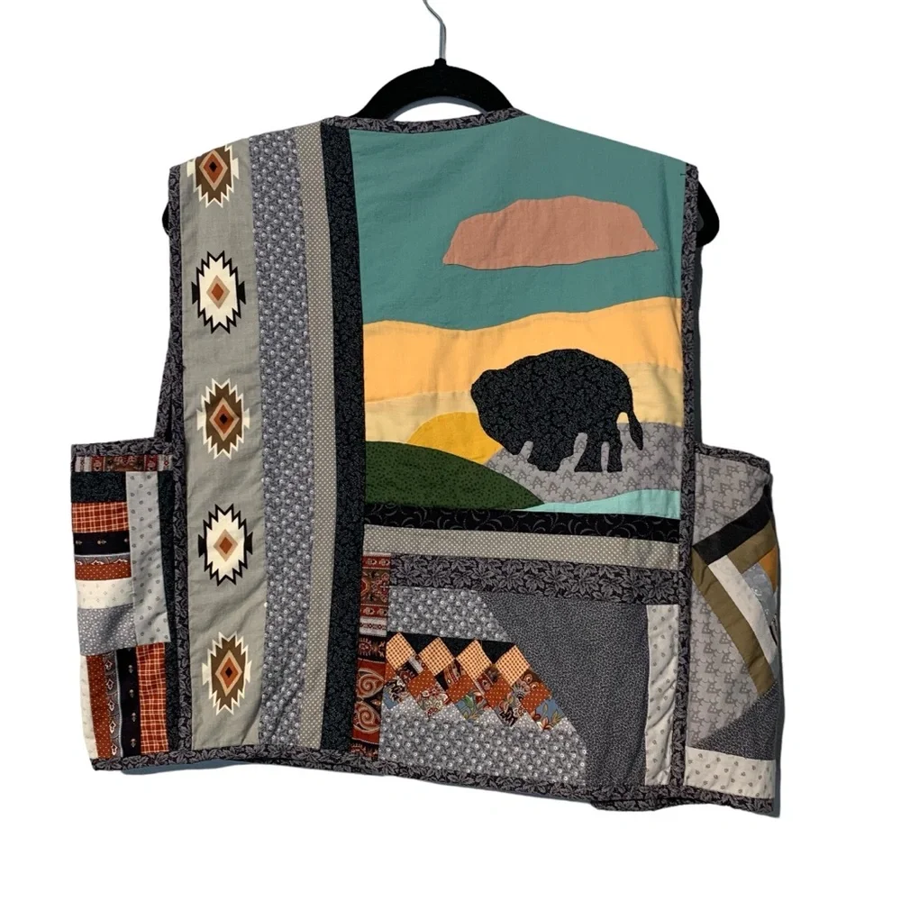 Vintage Handmade Patchwork Quilted Buffalo Prairie Vest Southwest Large